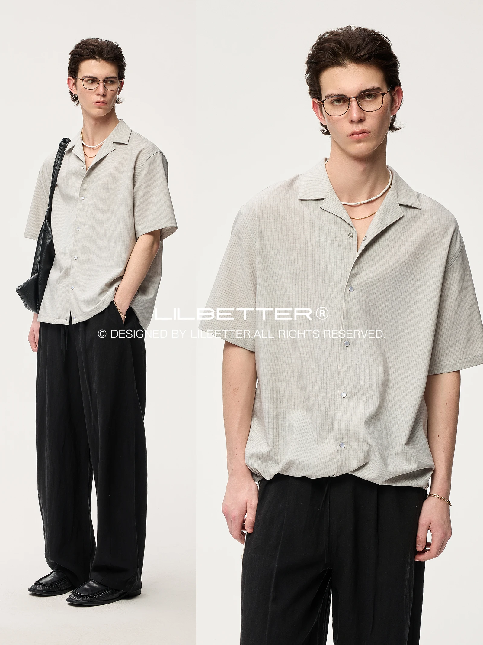 Lilbetter Linen Texture Stripe Cuban Collar Short Sleeve Shirt Drawstring Bead Summer Casual Fashion Urban Men's Shirt