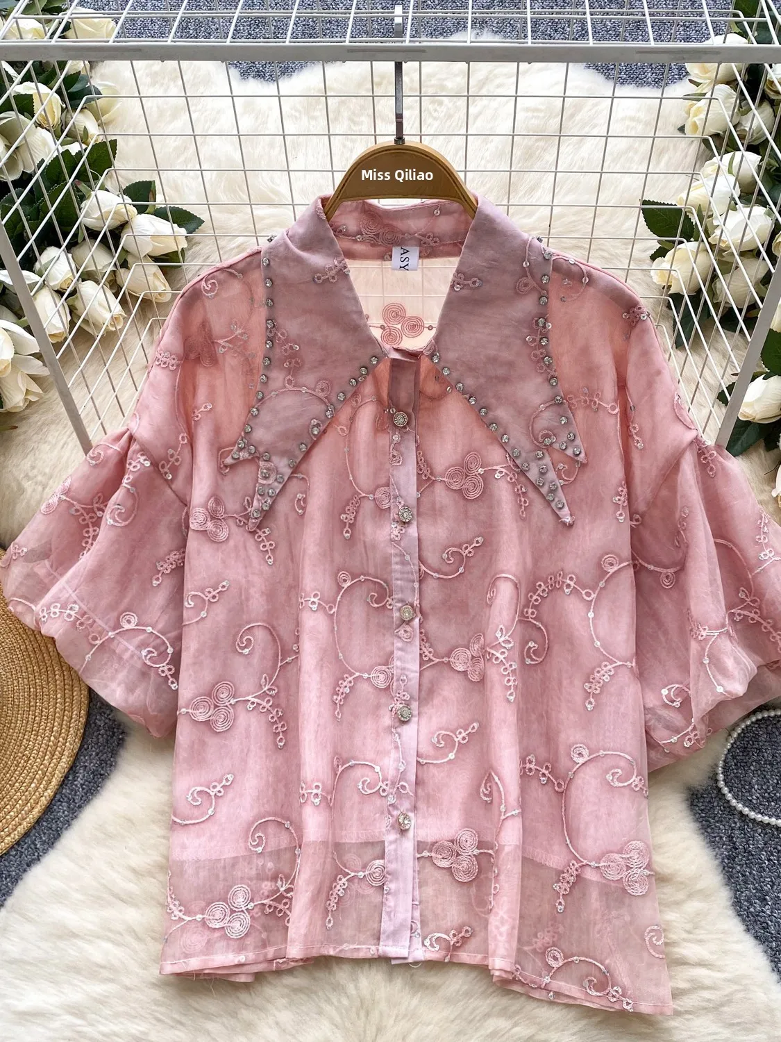 

Retro Sle Bubble Sve irt Women Summer Embellied Loose Ele Lady Unique Beautiful Top Korean Version Casual irt