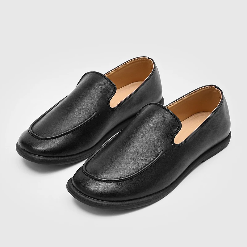 Loafers Men Flat Shoes 2026 New Spring Round Toe One Foot Slip-on Shoes Men Genuine Leather Soft Flats Shoes Men