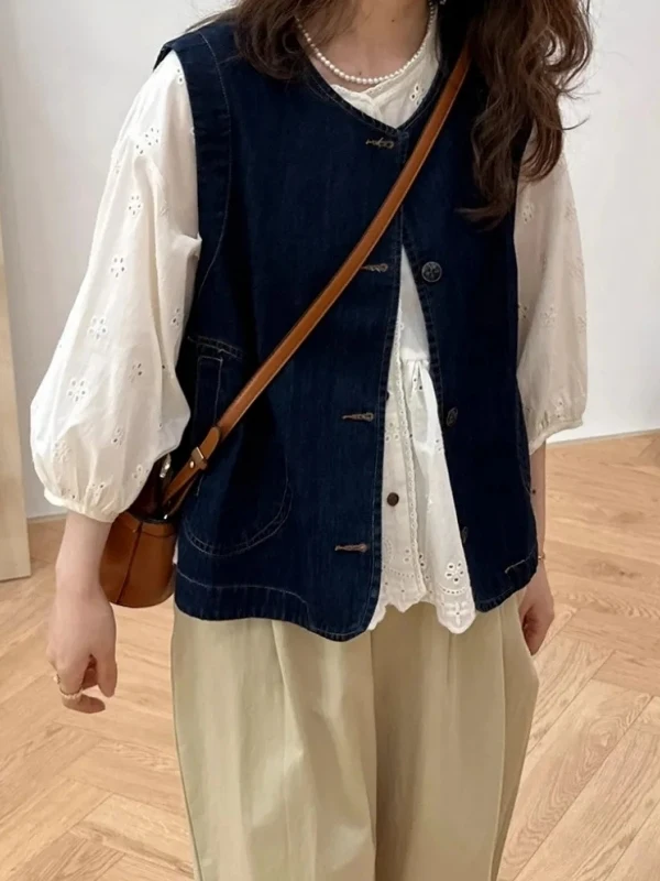 

Large Size 300 Pounds Embroidery Design Denim Vest Unisex Japanese Retro Style Outerwear Jacket Casual Loose Fit Denim Vest