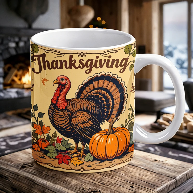 

11 oz turkey illustration ceramic mug with handle, full-pattern coffee cup, insulated milk cup, office water cup, fade-resistant
