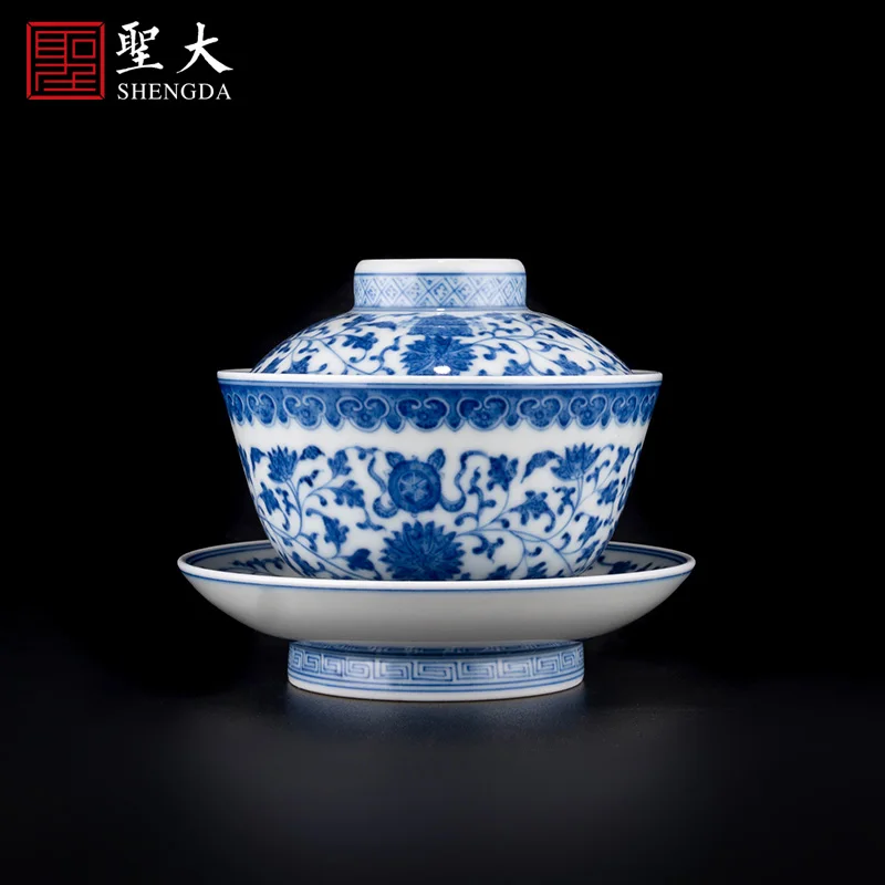 |yuan day around eight auspicious lotus flower tower three tureen jingdezhen pure manual hand-painted tea tea bowl