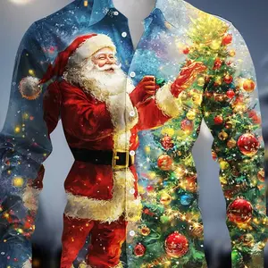 Weihnachtshemd Santa Claus Aboto, Langarm, 3D -Druck, dünner Polyester, Kragen, Freizeit, Knopf 8 Hauptverkäufe 3D -Shirt - №5