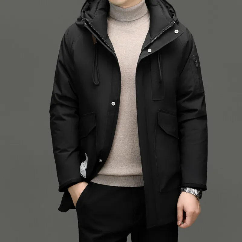 Classic 2025 Winter Men's Mid-Length Hooded White Duck Down Jacket Outdoor Windproof Wear Warm Hooded Puffer Coat Thick Clothing