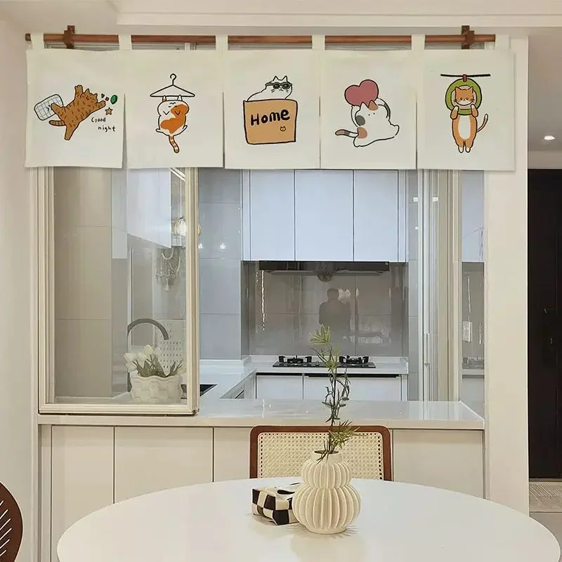 VIKAMA Kawaii Kitten Window Valance Cute Cartoon Cat Pattern Fabric Short Hanging Curtain Kitchen Window Home Decor