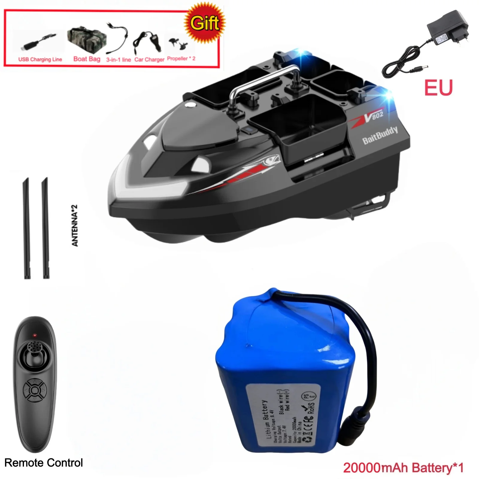 4 Hoppers 3KG Loading Capacity With 500M Large RC Fishing Bait Boat Dual Antenna Fixed Speed Cruise Remote Control Nesting Boat