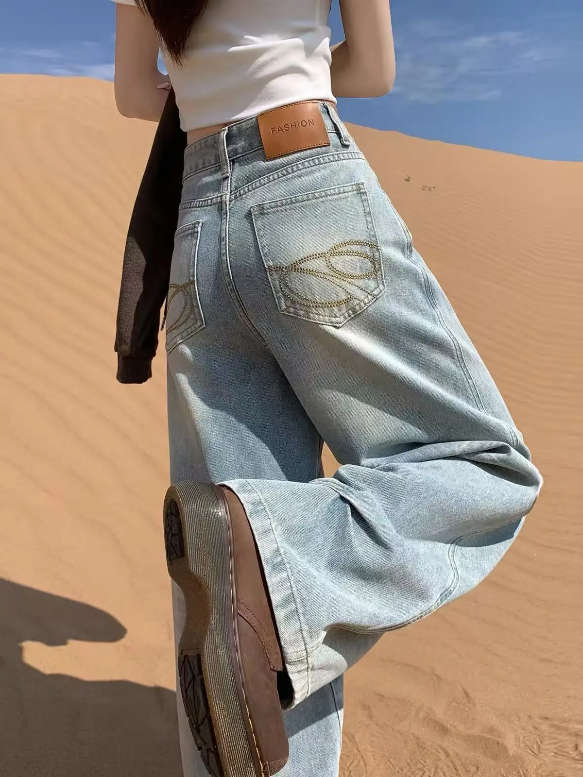Loose Wide Leg Denim Jeans Women's American Lazy Style Slim Straight Loose Knife Pants Autumn Design Sense Fashionable