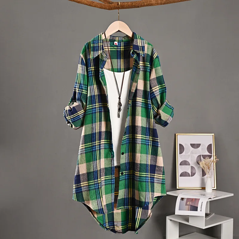 Cotton and linen shirt women's long spring and autumn thin coat short front and long back top loose fit plaid shirt long sleeves