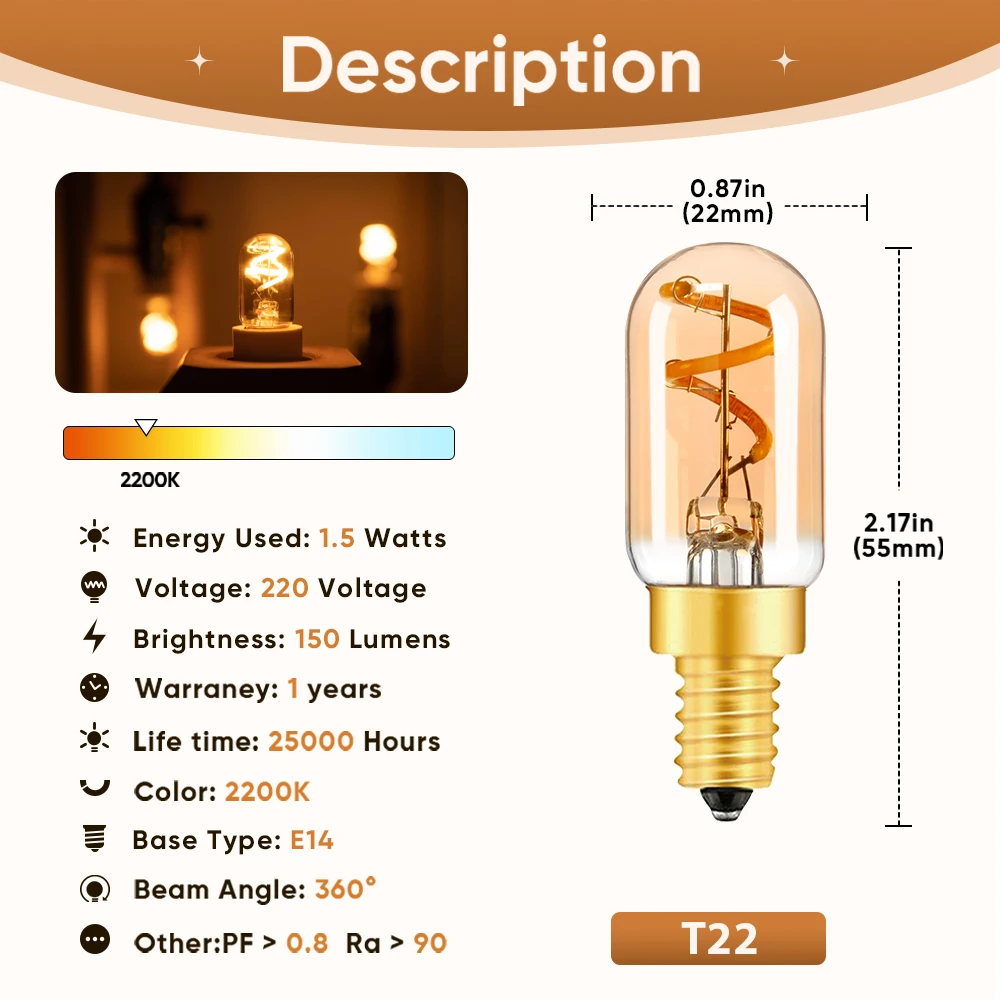 Imagem -03 - Vintage Mini Lâmpada Led Dimmable Vidro Âmbar Edison Lâmpadas de Filamento Espiral Edison Edison Lâmpada Pingente T22 E14 220v 1.5w