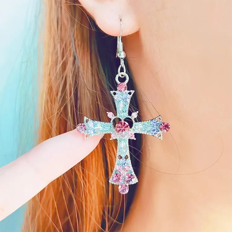 Gothic Pink Heart Cross Earrings Y2K Kpop Fashion Korean Style Earring for Women Grunge Egirl Earrings Jewelry Accessories