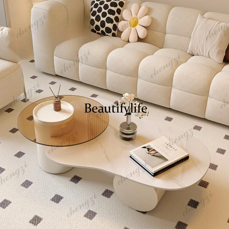French cream wind high and low rock slab cloud coffee table special-shaped simple table living room small apartment household p1