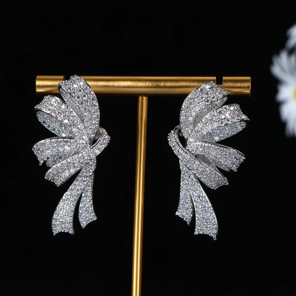 Heavy Industry European American Light Luxury Big Bow Full Zircon Earrings Fashion Jewelry Accessory
