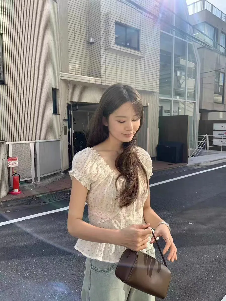 

Sweet Floral Korean Style Shirt Slim Fit Bubble Sleeve Waist Cinched Summer Pure Desire Small Flower Ouce Women's Fashion