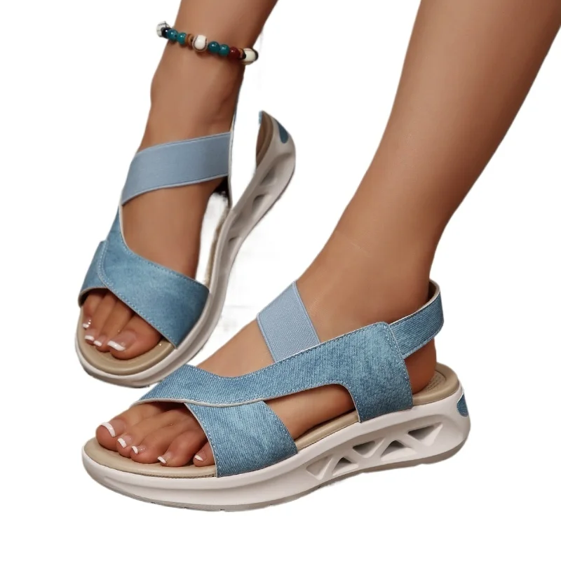 

Женские сандалии на танкетке 2025 года, летние, на платформе, для пляжа, с эластичной лентой, большие размеры 36-43