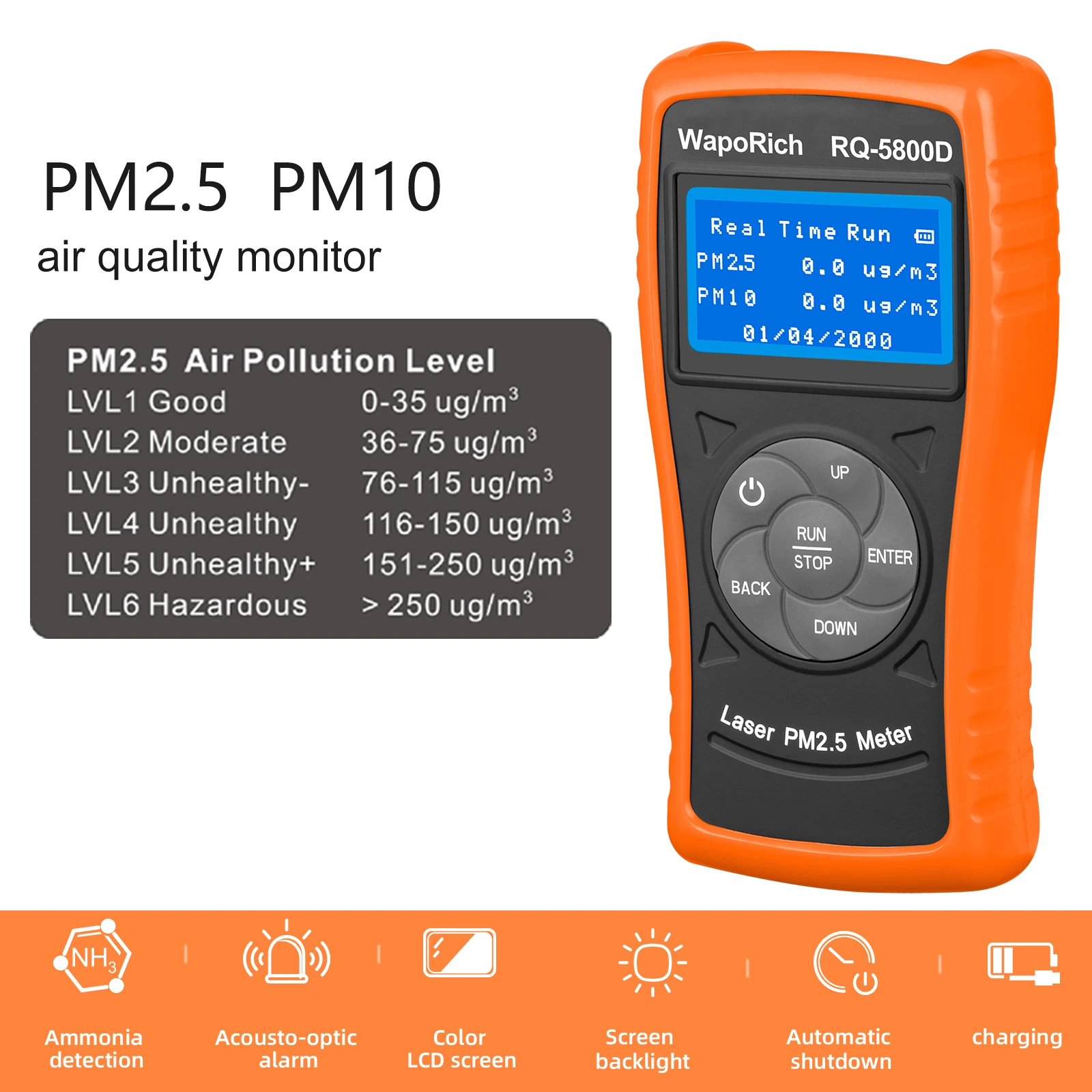 

5800D Laser PM2.5 Air Quality Monitor for PM2.5/PM10 Detection with Color LED Backlight For Ammonia Test & Acousto-Optic Alarm