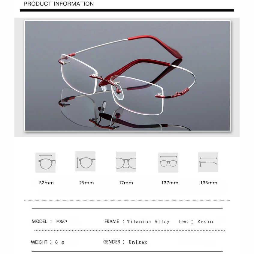 Titanium Alloy Screwless & Frameless Unisex Optical Glasses Frame,Women Men Eyeglasses Glass frames for Myopia Prescription F867