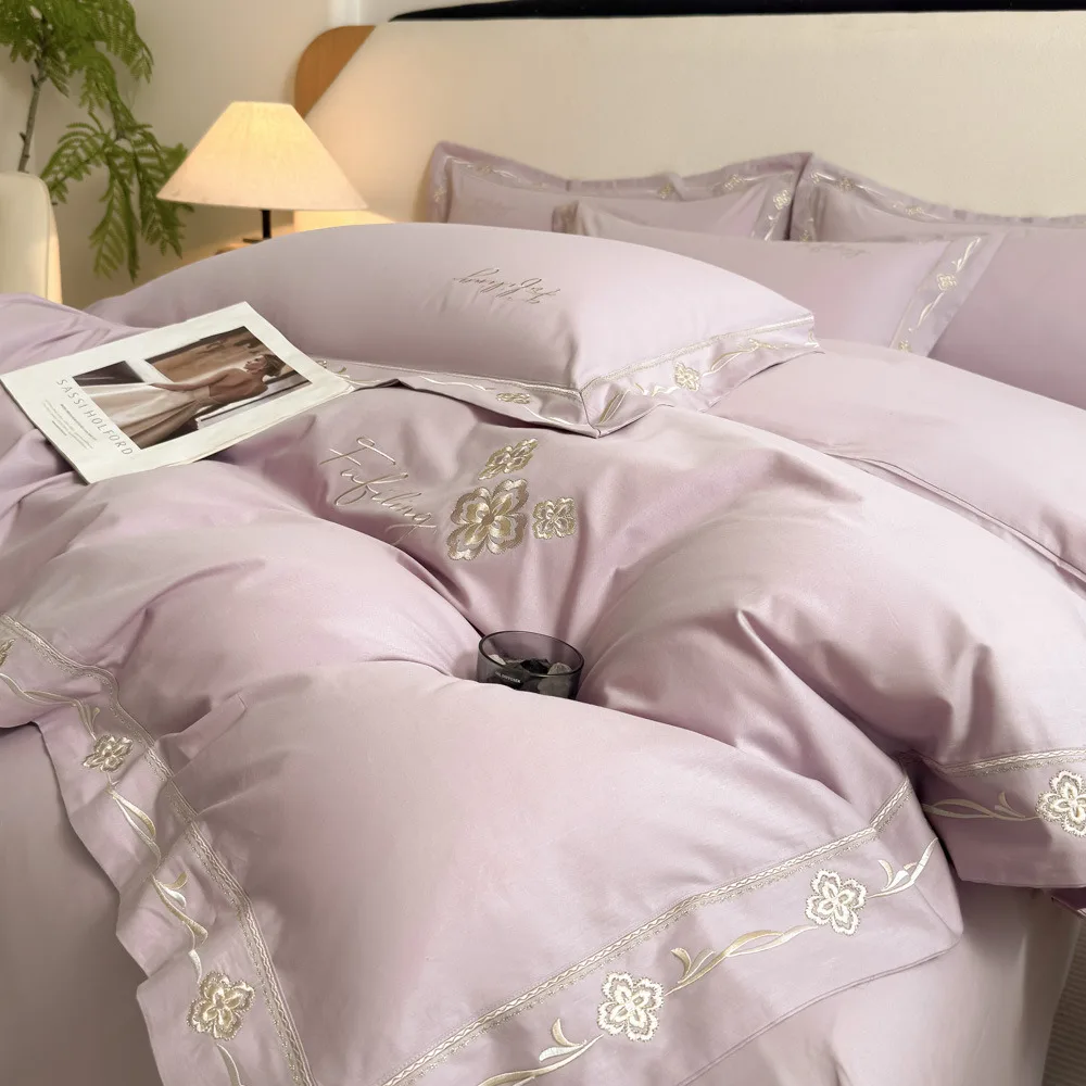High Quality Long Staple Cotton Embroidery 4 Piece Bedding Set Pure Cotton Duvet Cover Sheet Pillowcases