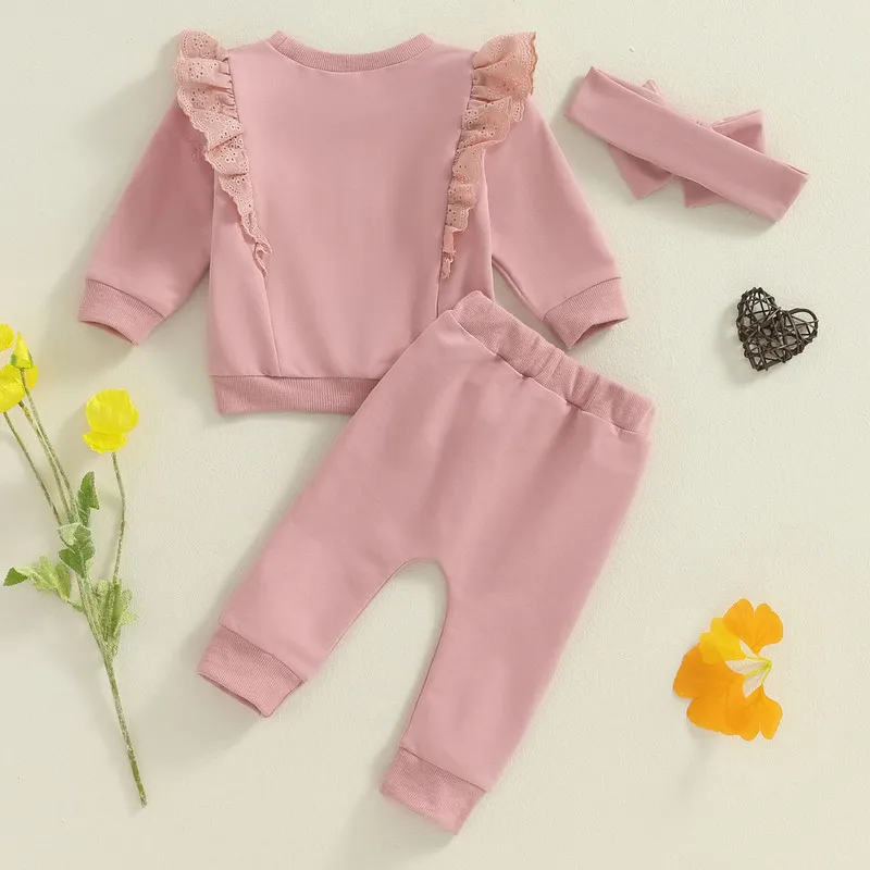 Newborn Baby Girl Pant Sets 2Pcs Fall Outfits Long Sleeve Lace Patchwork Pullover and Pants Set Toddler Clothes