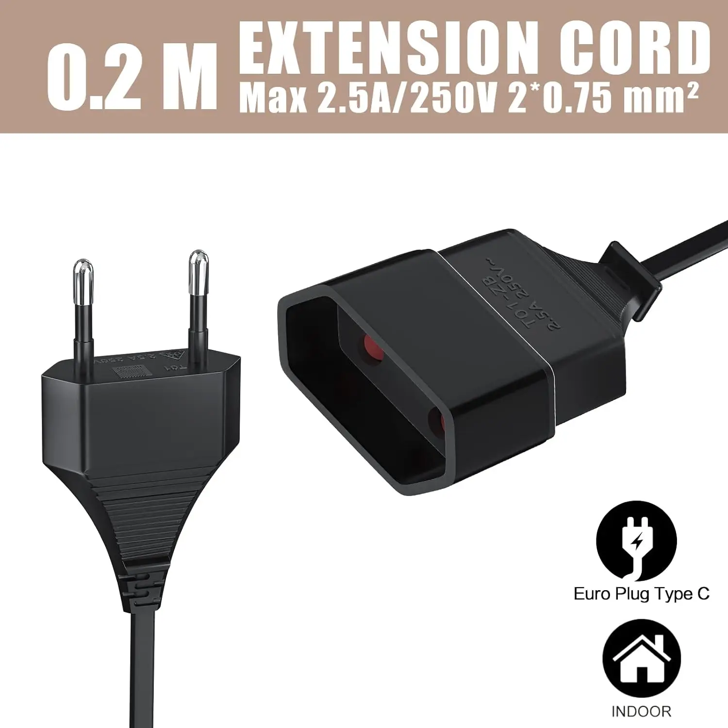 European style 2-pin standard flat extension cord power cord male plug to female socket coupler Type C 0.2m*0.75 square 3 pieces