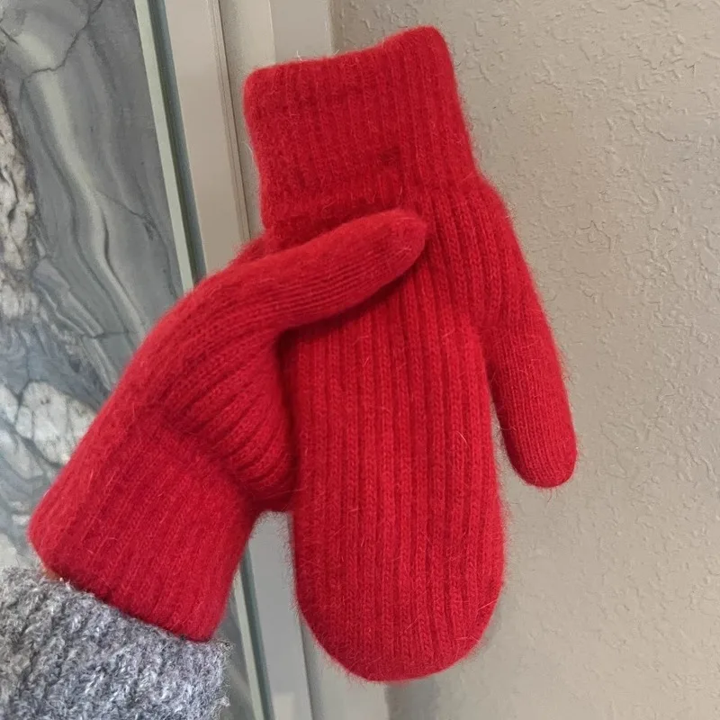 Chinese New Year Red Wool Knitted Gloves Men Women Winter Thickened Warm Windproof Thermal Fleece Lined Non Slip Soft Cozy