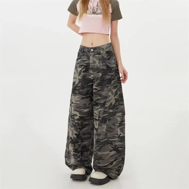Women's Large Side Pocket Curved Wide Leg Camouflage Pants Street Cool Girl Bottoms Female Unisex High Waist Loose Trousers