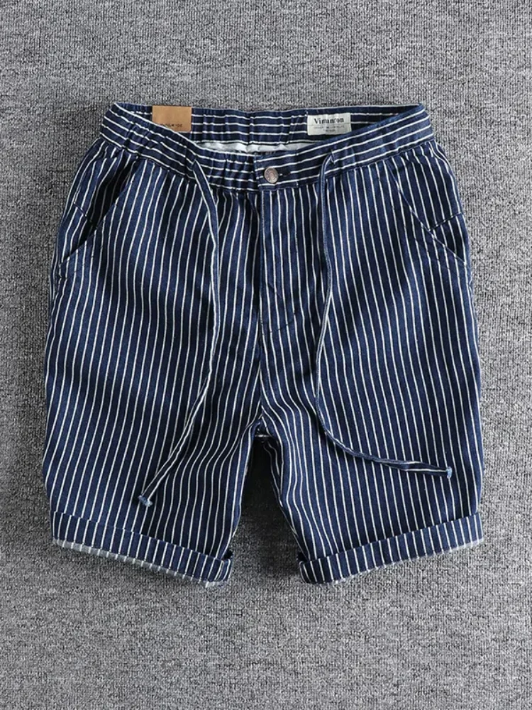 2025 sommer Neue Amerikanische Retro Gestreiften Denim Shorts männer Mode 100% Baumwolle Gewaschen Alte Gerade Lose Beiläufige 5-punkt Hosen