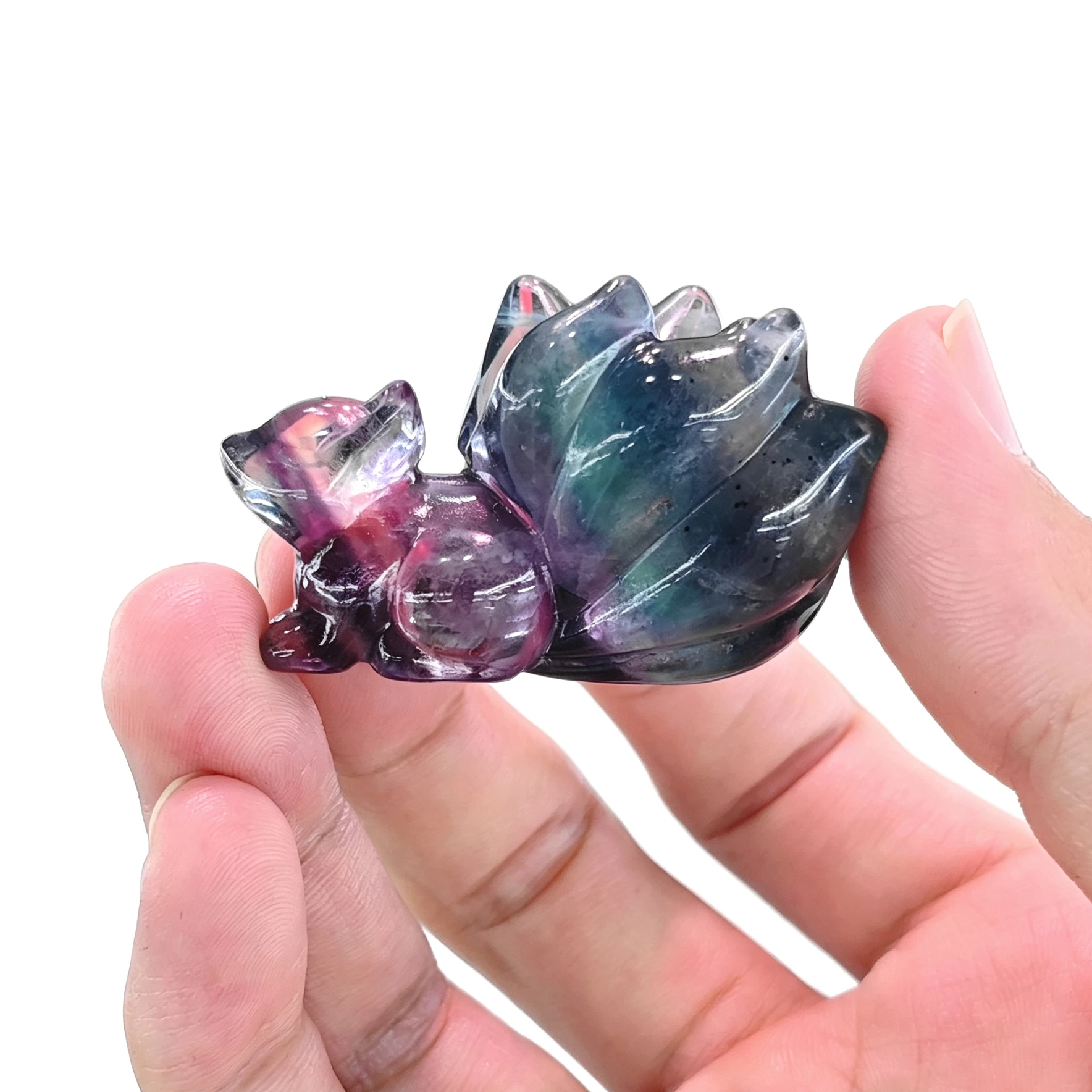 Natural Rainbow Fluorite Carved Nine-Tailed Fox Figurine Kitsune Gemstone Statue Home Office Table Decor Gift Random Dispatch
