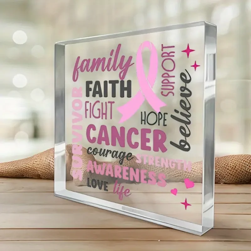 2D Flat, 1pc Square Acrylic Decorative Ornament, Breast Cancer Awareness Pink Ribbon Survivor Encouragement Sign