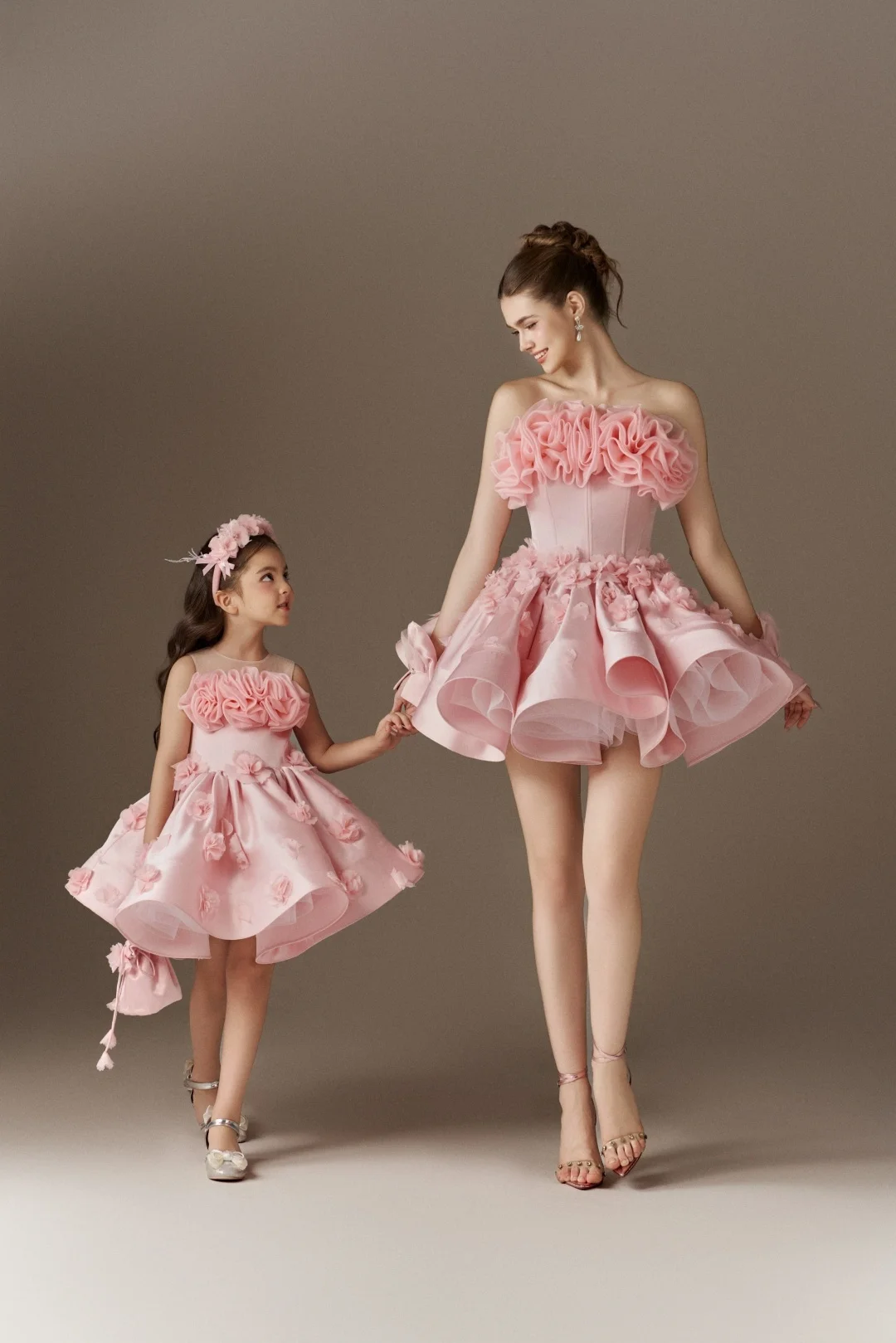 Pink Satin Tulle Ruffled Gown with 3D Floral Embellishments – Matching Mother-Daughter Party/Birthday Dresses (Customizable)