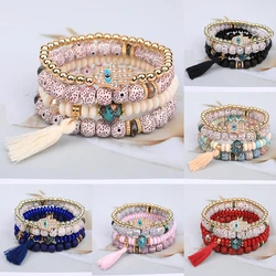 4Pcs Bohemian Evil Eye Bracelet Set For Women Crystal Fatima Hand Tassel Charm Stone Beads Chain Bangle Men Fashion Jewelry Gift
