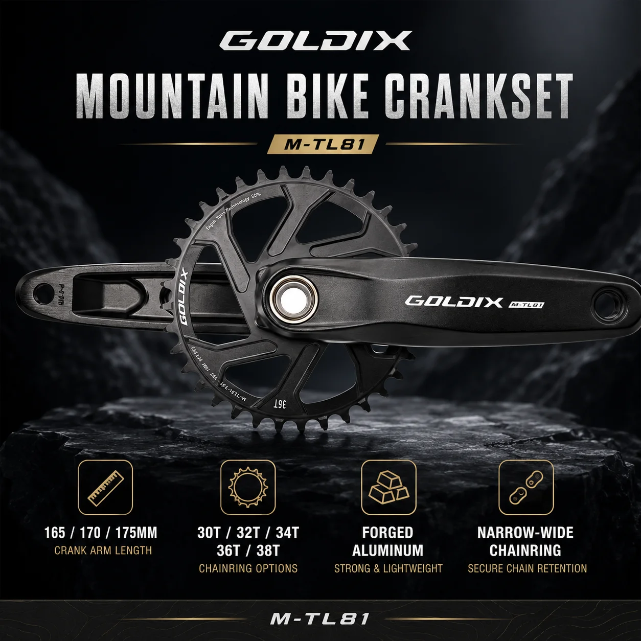 GOLDIX MTB-Kurbelgarnitur 165/170/175mm, geschmiedete Aluminiumlegierung, 3-Bolzen-Direktmontage, schmales-breites Kettenblatt, hochfeste Fahrradkurbelgarnitur – Detail 1