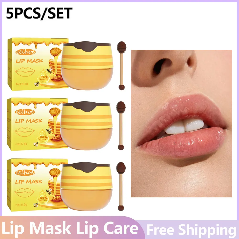 Mel Hidratante Lip Balm, Máscara Labial, Manutenção Profunda, Cracking Care, Prevenir Seco, de longa duração, Maquiagem Feminina, Economia, 5pcs por conjunto