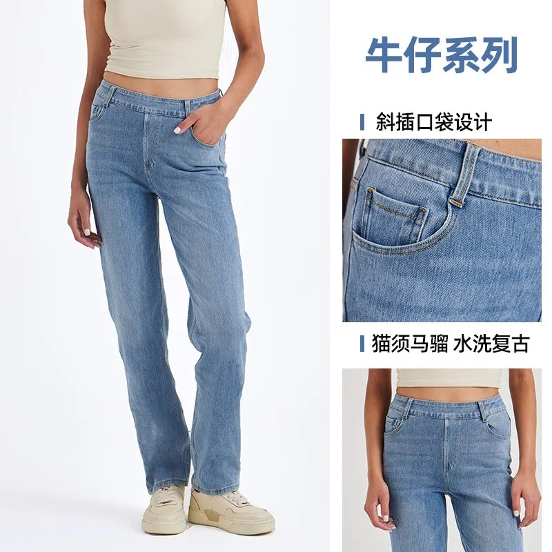 Baggy Jeans Women High Waist Denim Pants Medium Wash Stretch Denim Jeans Light Wash Slanted Pocket Jeans Pants Straight Leg