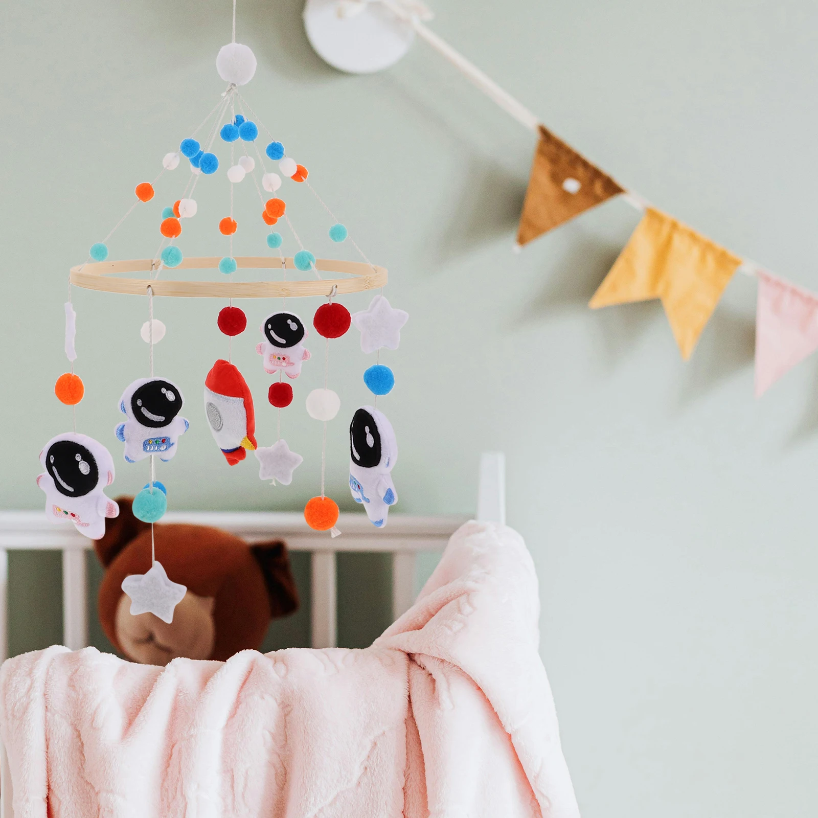 

Baby Crib Bell Infant Mobile Handmade Astronaut Rocket Felt Wind Chime Nursery Decor Accessories Bed Hanging Toy