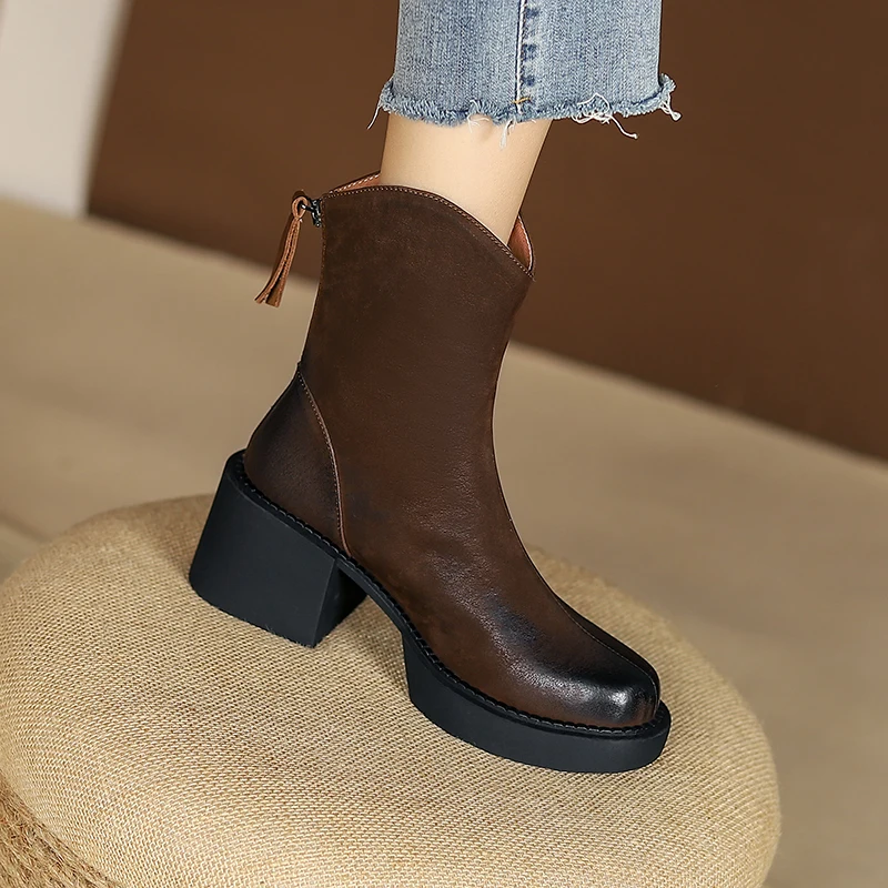 2024 New Retro Mature Female Concise Women Ankle Boots Genuine Leather Thick Heels Autumn Winter Rear Zipper Office Shoes Woman