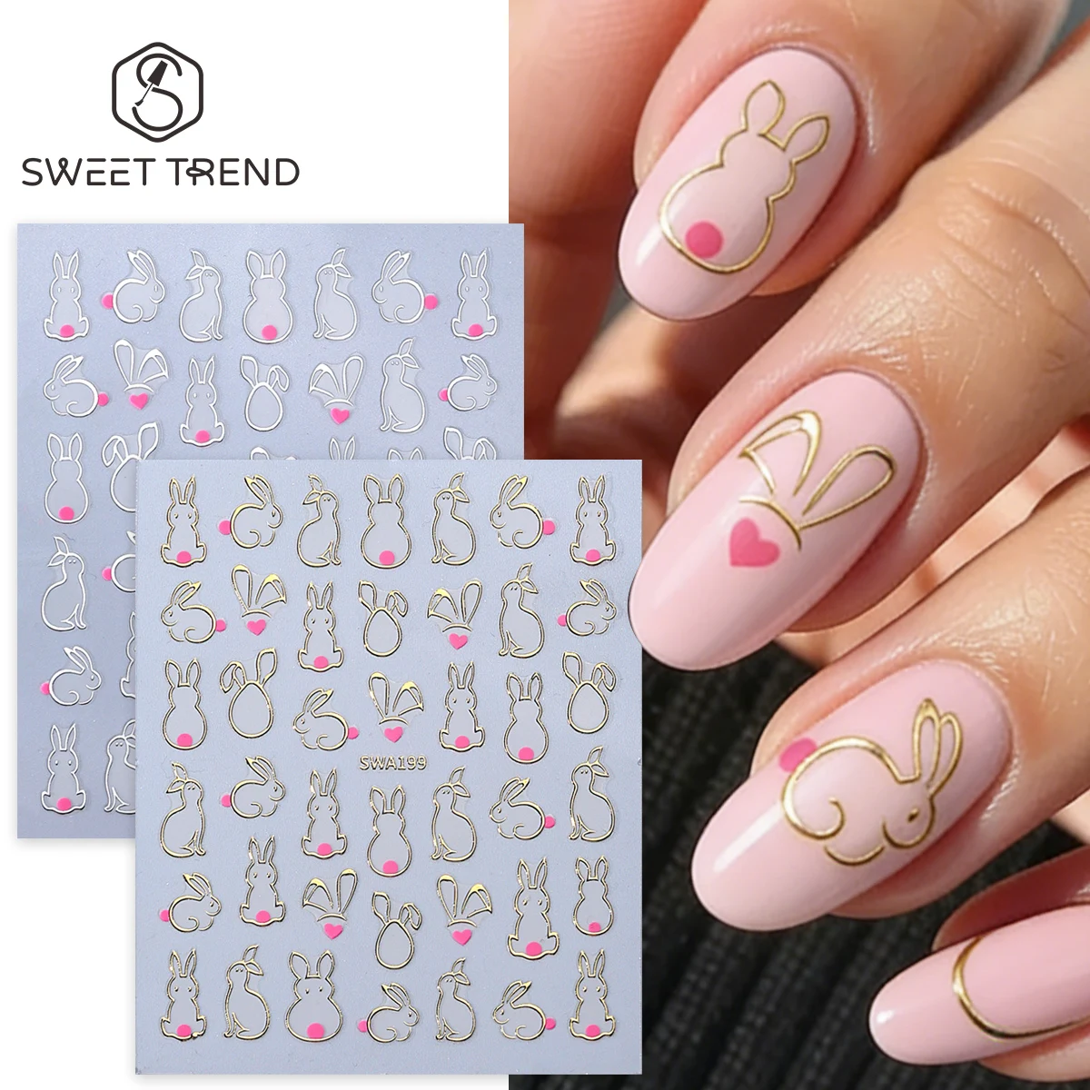2 Adesivos de Unha Metálicos Adoráveis de Coelhinho Vazado, Dourado e Prateado, Decalques de Design de Linha Simples, Corações Rosas, Folhas de Páscoa para Decoração de Manicure