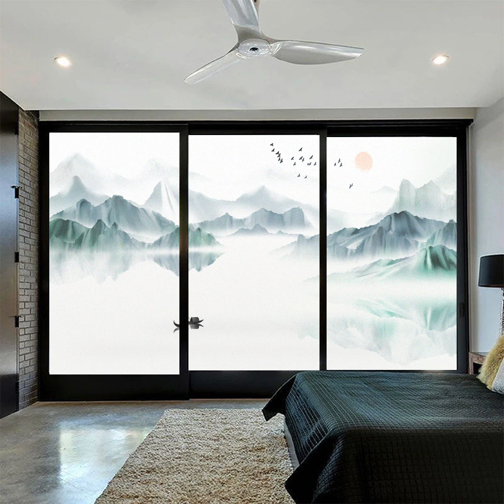 

Privacy Window Film Landscape Pattern Glass Door Decorative Film Frosted Sun Blocking No Glue Static Cling Window Sticker Tint