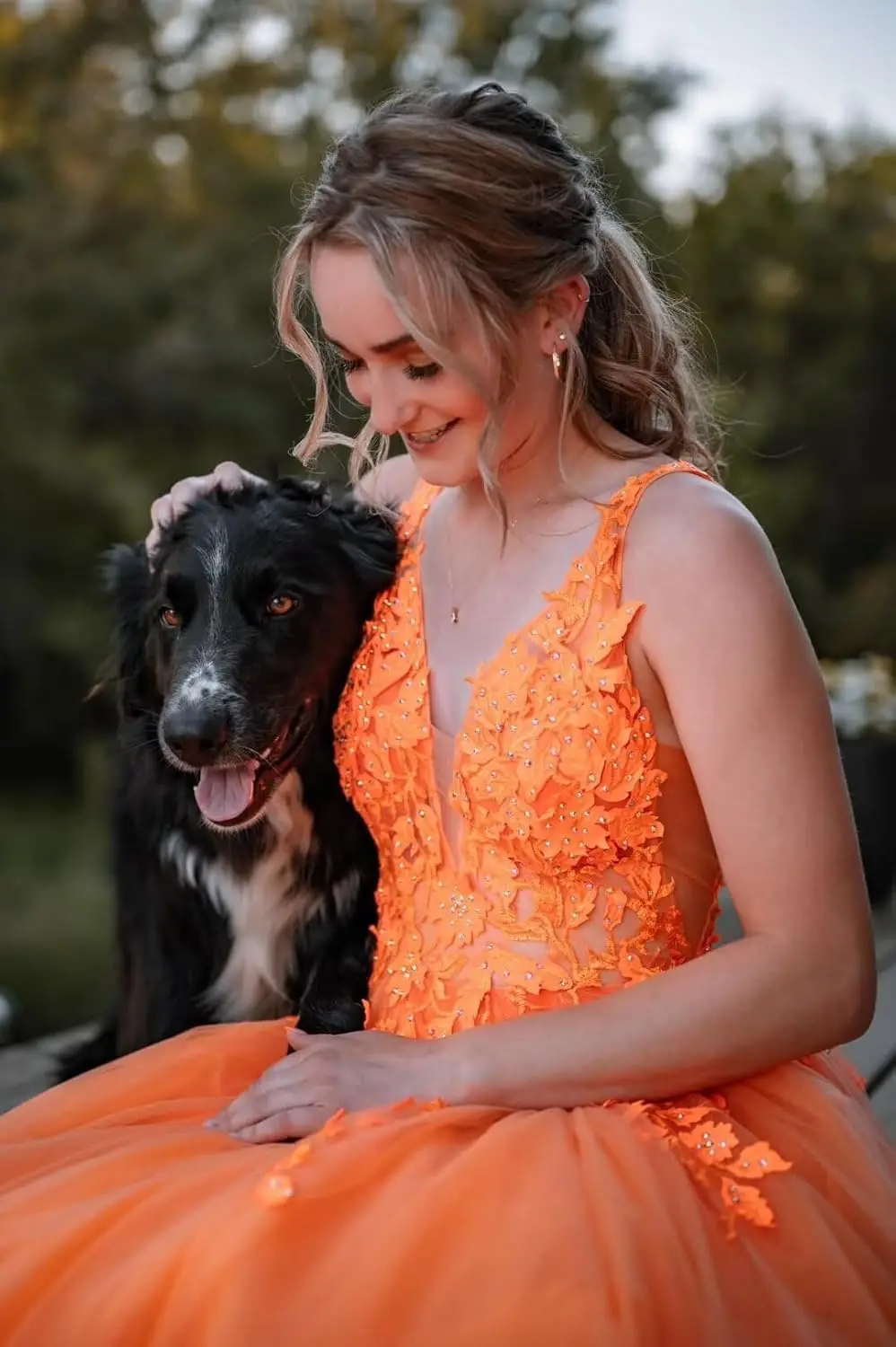 3D الدانتيل زين بريق تول حفلة موسيقية فساتين طويلة الأزهار الخامس الرقبة الكرة أثواب ألف خط عارية الذراعين أثواب السهرة الرسمية #4