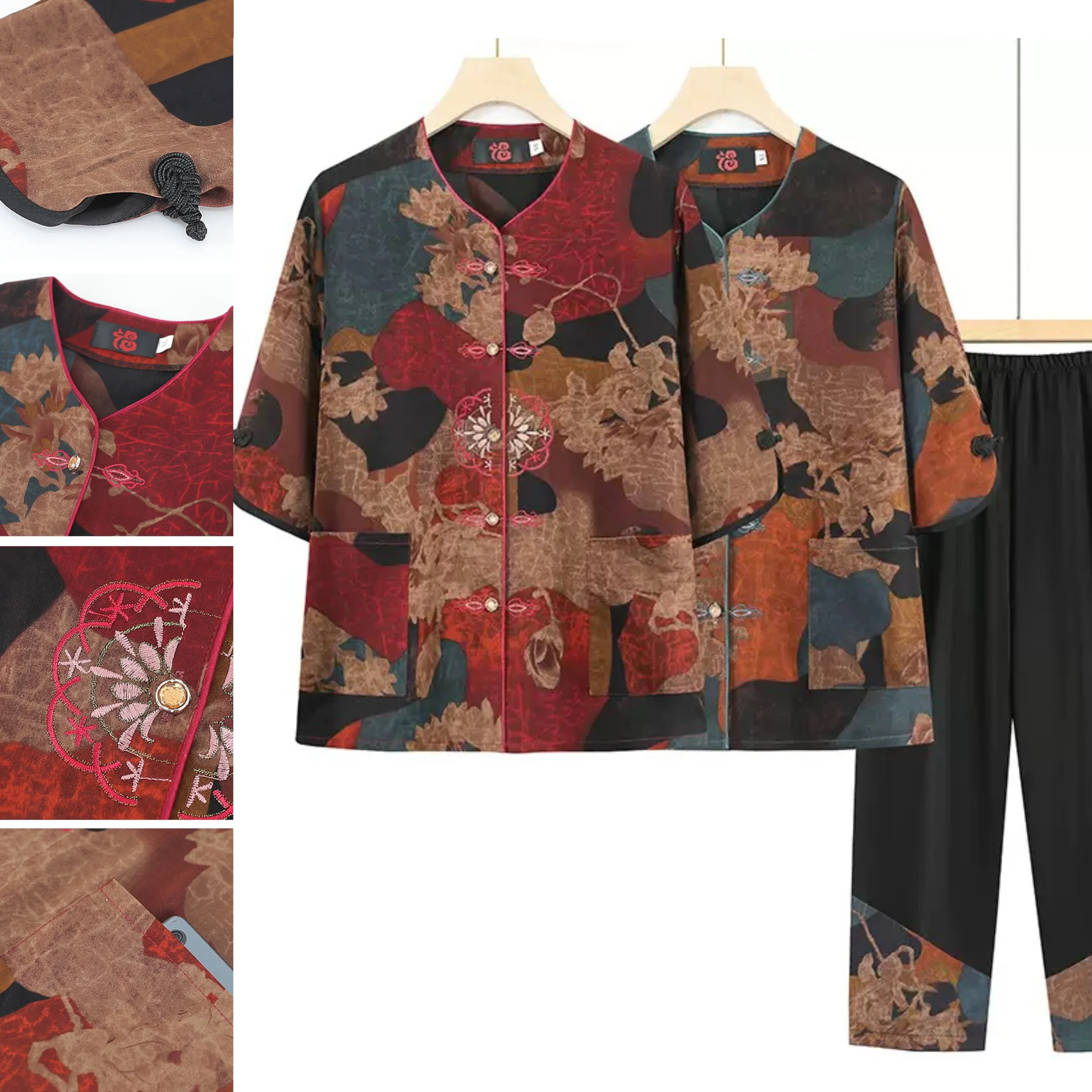 

2024 Plus Size 6XL Tang Dynasty Women's Middle Aged Chinese Traditional Clothes Short Sleeved T-Shirt Set Elegant Grandma Qipao