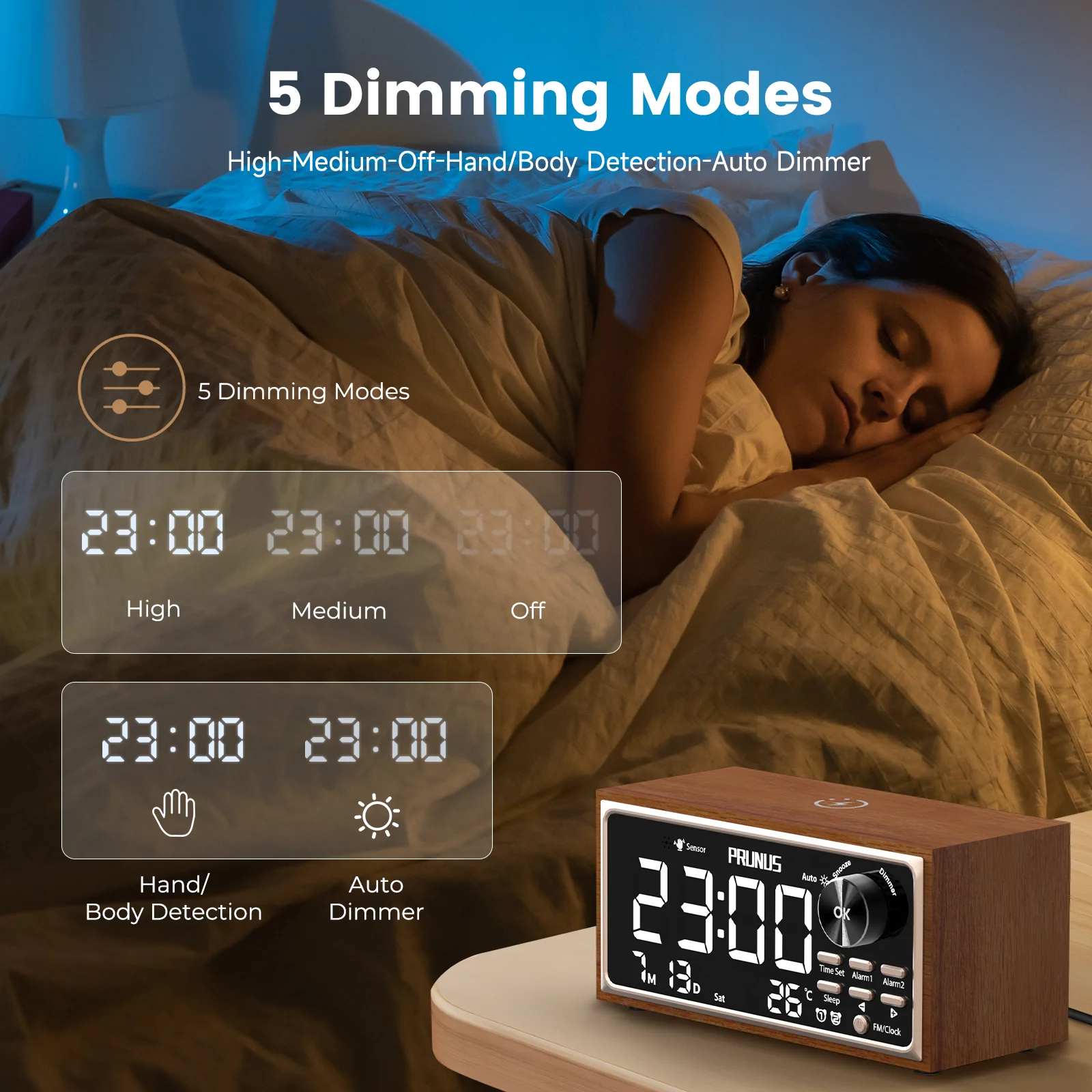 Retro Vintage Dual Alarm Clock Radio FM 15W Fast Wireless Charging LED Display Dimmer Control Auto-Dimming Retro Clock Bedroom