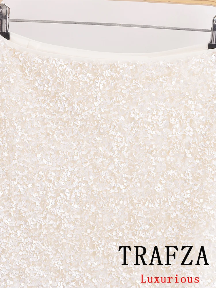 TRAFZA Basics Simple Chic Women Skirt Sequins White Mid-waist Zipper Mini Skirt Fashion 2025 Spring Summer Office Lady Skirts