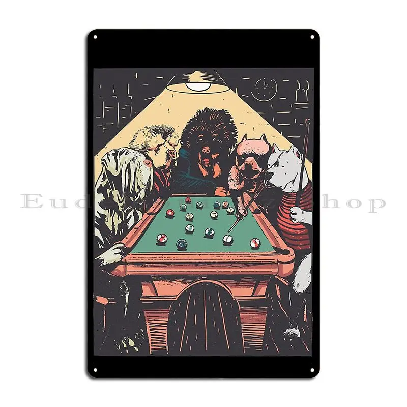 Dogs Playing Billiard Illustration Metal Plaque Poster Retro Garage Plaques Wall Decor Iron Garage Tin Sign Poster