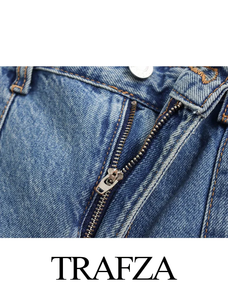 TRAFZA Autumn New Y2K Jeans Fashion Casual Solid High Waist Trousers Female Chic Denim Wide Leg Pants Women Long Cargo Pants