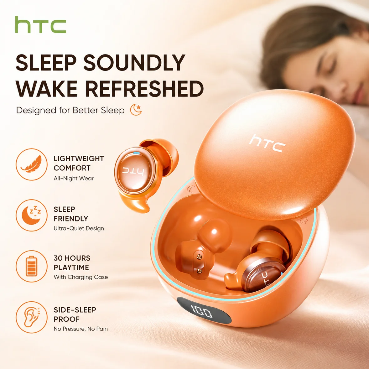 Klare Panorama-Surround-Sound HTC NE96 Bluetooth 6.0 Kabellose Ohrhörer Geräuschunterdrückende Schlafkopfhörer 30 Stunden Akkulaufzeit Komfort