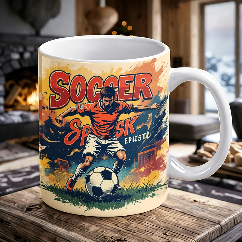 

Retro Soccer Player Graffiti Print Coffee Mug, Sport Football Athlete Ceramic Cup, 11oz Classic Game Day Fan Daily Drinkware
