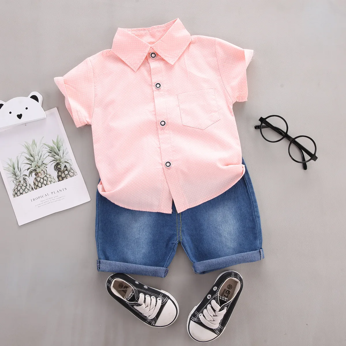 Summer Fashion Boys Suit Solid Color Lapel Shirt Short Sleeve Shorts Baby Clothing 2 Piece Set