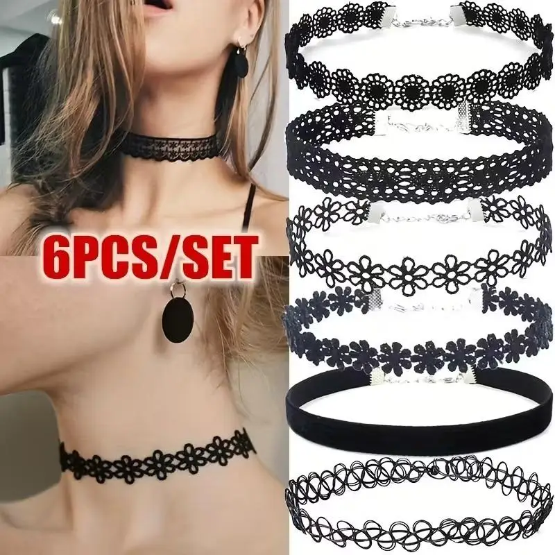 6 unids/set gargantillas de encaje negro conjunto de collar Vintage gótico Punk collar elástico joyería de mujer tamaño adulto/niño