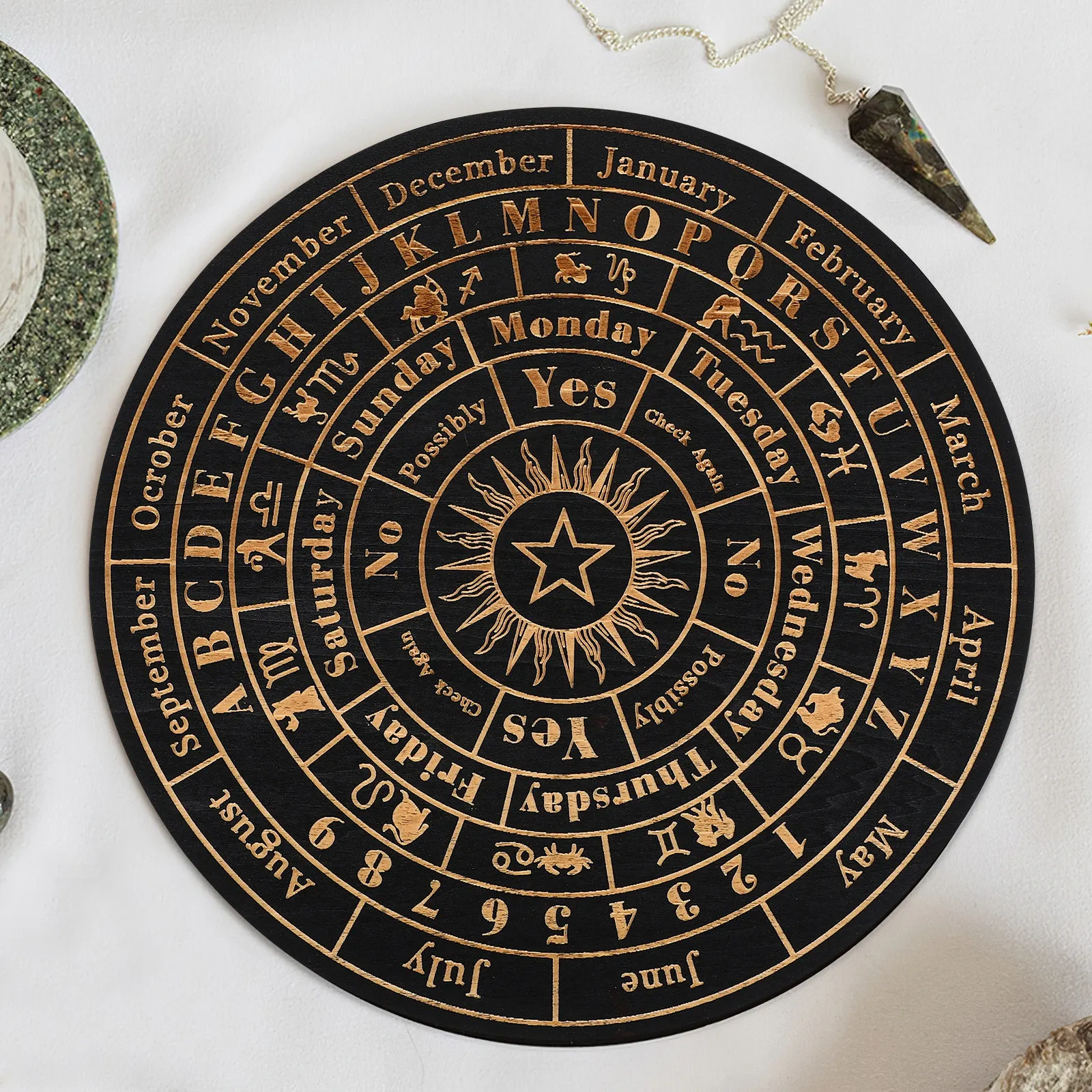 Natural Wood Pendulum Board for Witch Divination Dowsing Board with Answer Sections Months Weeks Letters Refined Surface