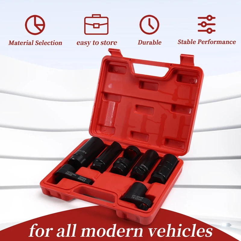 ABZY-7Pcs Universal O2 Oxygen Sensor Socket 6 Point Wrench Tool Remover Installer Set Sensor Removing Tool Kit