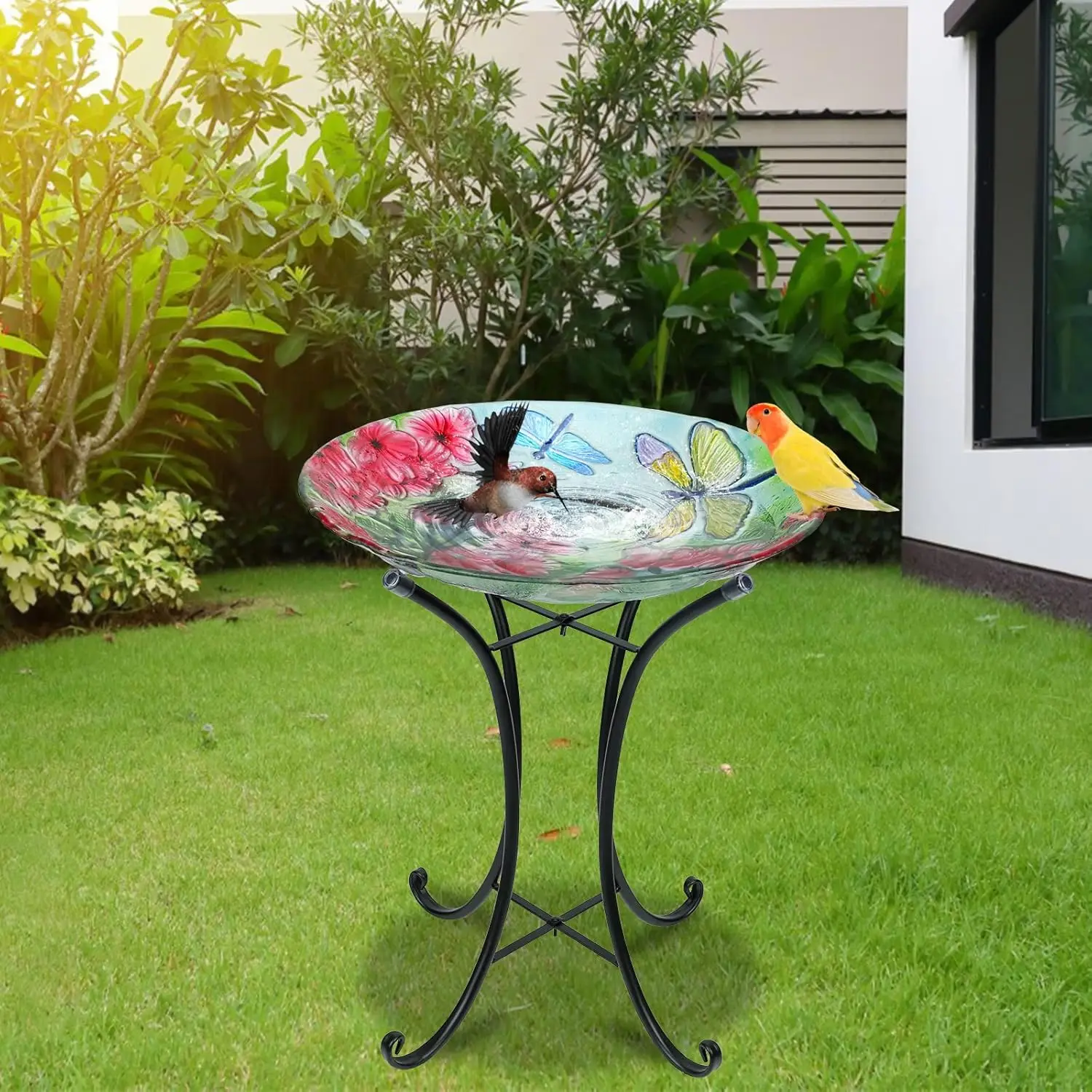 وعاء حمام كبير على شكل طائر اليعسوب مع حامل معدني، حمام طيور زجاجي خارجي لديكور ساحة الحديقة